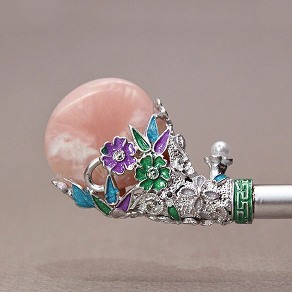 Korean traditional golden marble hairpin Binyeo [Light pink]