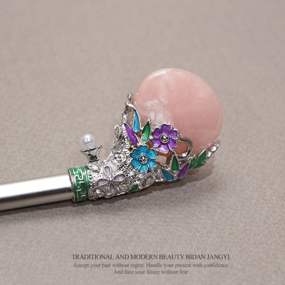 Korean traditional golden marble hairpin Binyeo [Light pink]