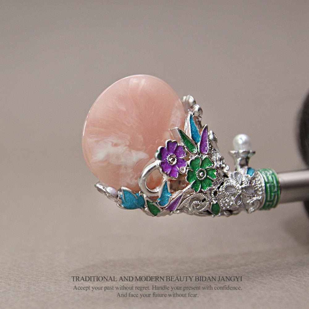 Korean traditional golden marble hairpin Binyeo [Light pink]